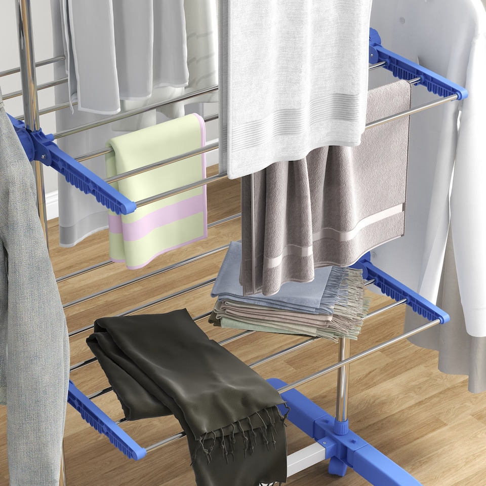 image 1 of HOMCOM 3-Tier Clothes Airer, Stainless Steel Foldable Clothes Drying Rack with Wheels and Wings, Indoor and Outdoor, Easy Assembly, 142 x 55 x 152cm, Blue