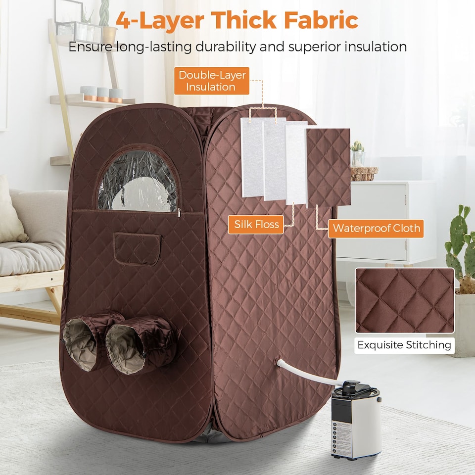image 1 of COSTWAY Portable Steam Sauna Tent 1 or 2 People Sauna Tent Foldable Chair-Coffee