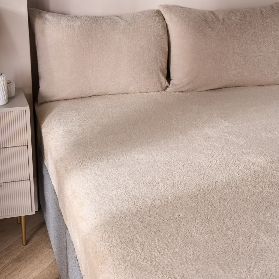 image 1 of OHS Teddy Fleece Thermal Fitted Bed Sheet | Cream | Stone