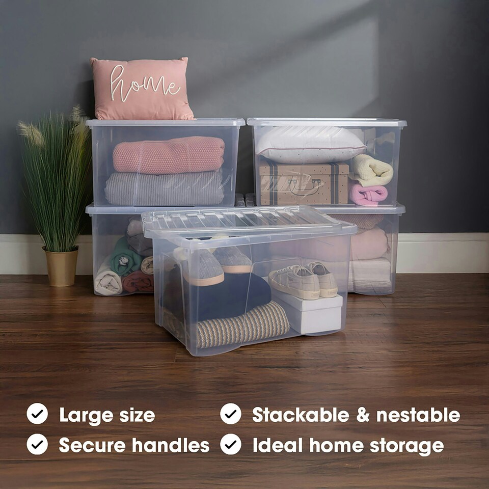 image 1 of Wham Crystal 5 x 60L Stackable Plastic Storage Boxes with Lids Clear