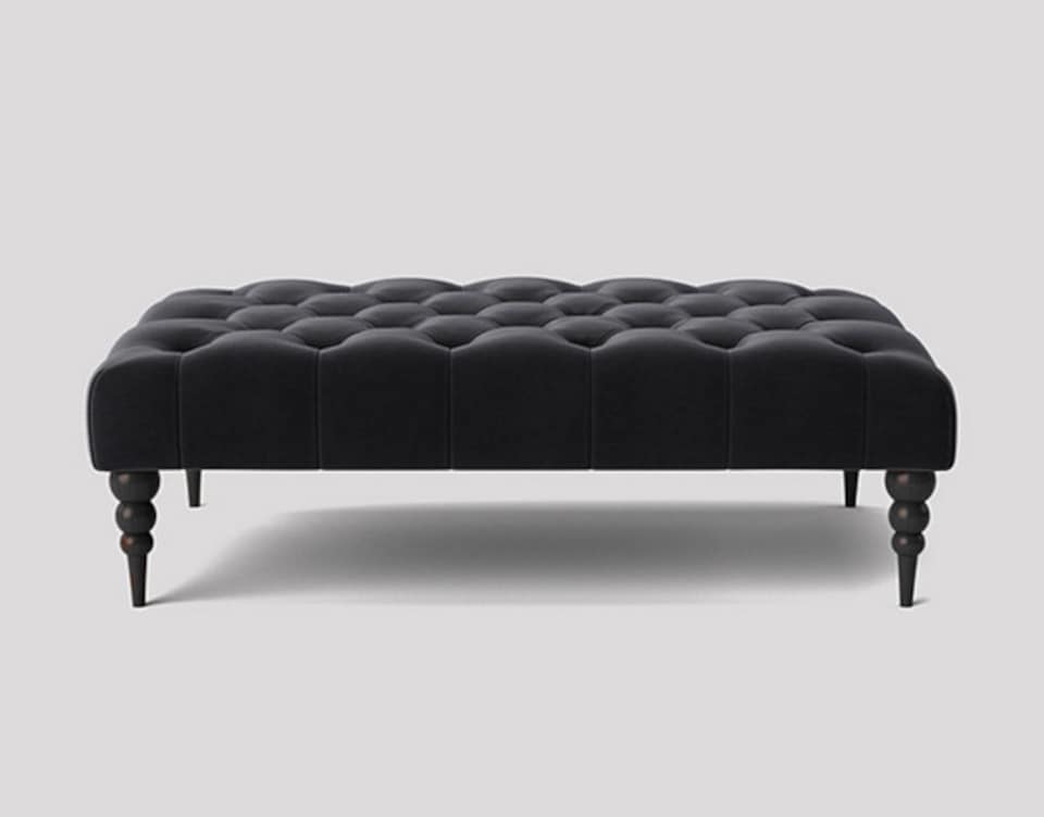 image 1 of Alyana 120cm Rectangle Ottoman Bench with Wooden Legs- Black Plush Velvet Chesterfield Upholstered Footstool