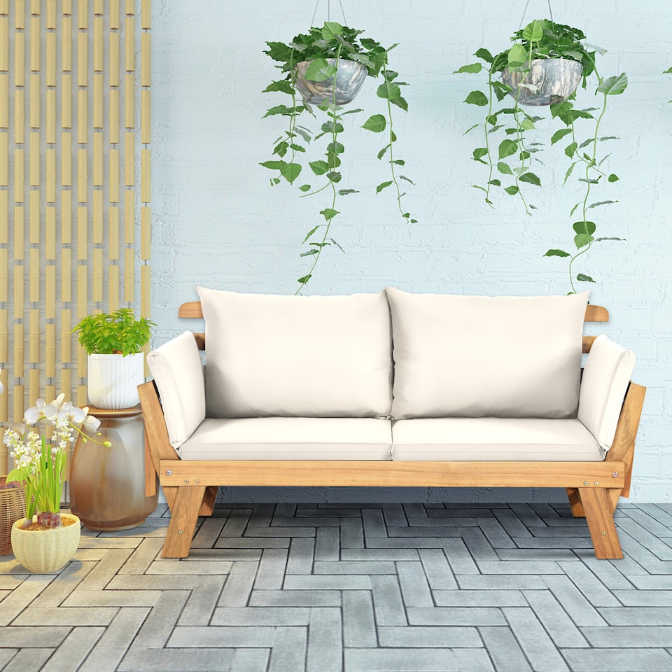 image 1 of COSTWAY Outdoor Daybed Patio Convertible Couch Sofa Bed Adjustable Armrest White