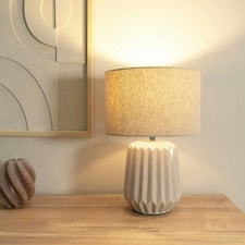 ValueLights Zak Pair of Natural Stone Pleated Textured Ceramic Table Lamps with matching Fabric Lamp Shades & LED Bulbs