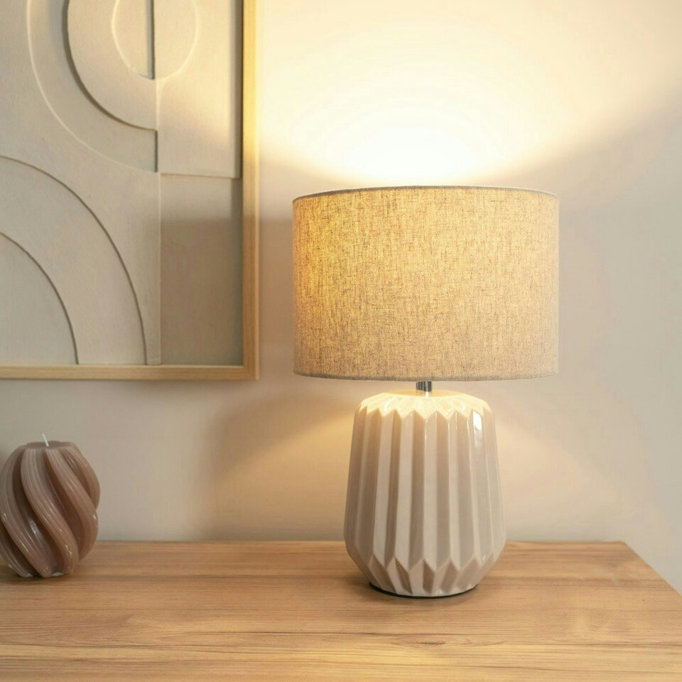 image 1 of ValueLights Zak Pair of Natural Stone Pleated Textured Ceramic Table Lamps with matching Fabric Lamp Shades & LED Bulbs