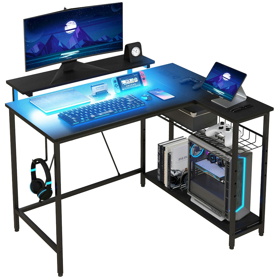 image 1 of HOMCOM L Shaped Desk with LED Lights Reversible Corner Gaming Desk with Storage