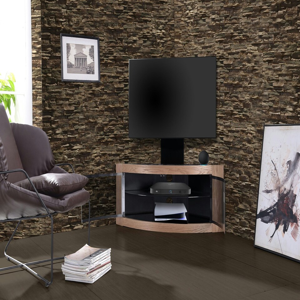 image 1 of Centurion Supports PANGEA Black/Oak Beam-Thru Curved True-Corner 32"-50" TV Cabinet with Mounting Arm Black | Oak