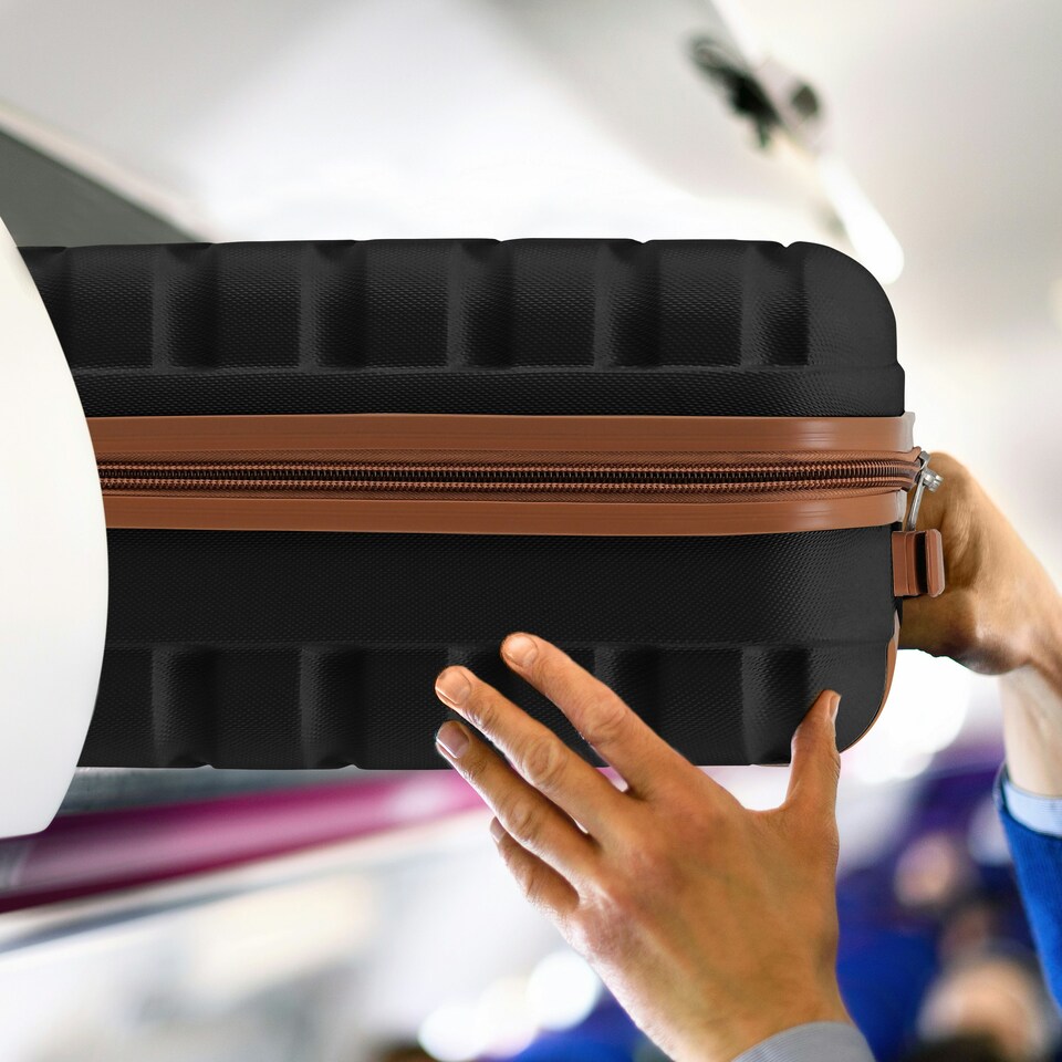 image 1 of Flight Knight Suitcase Sets 3 Piece, Large Suitcase, Extra Large Suitcase, easyJet Cabin Bag 45x36x20cm Underseat Carry On, 100+ Airlines Approved - BA, Ryanair | Black | Black/Tan | Large