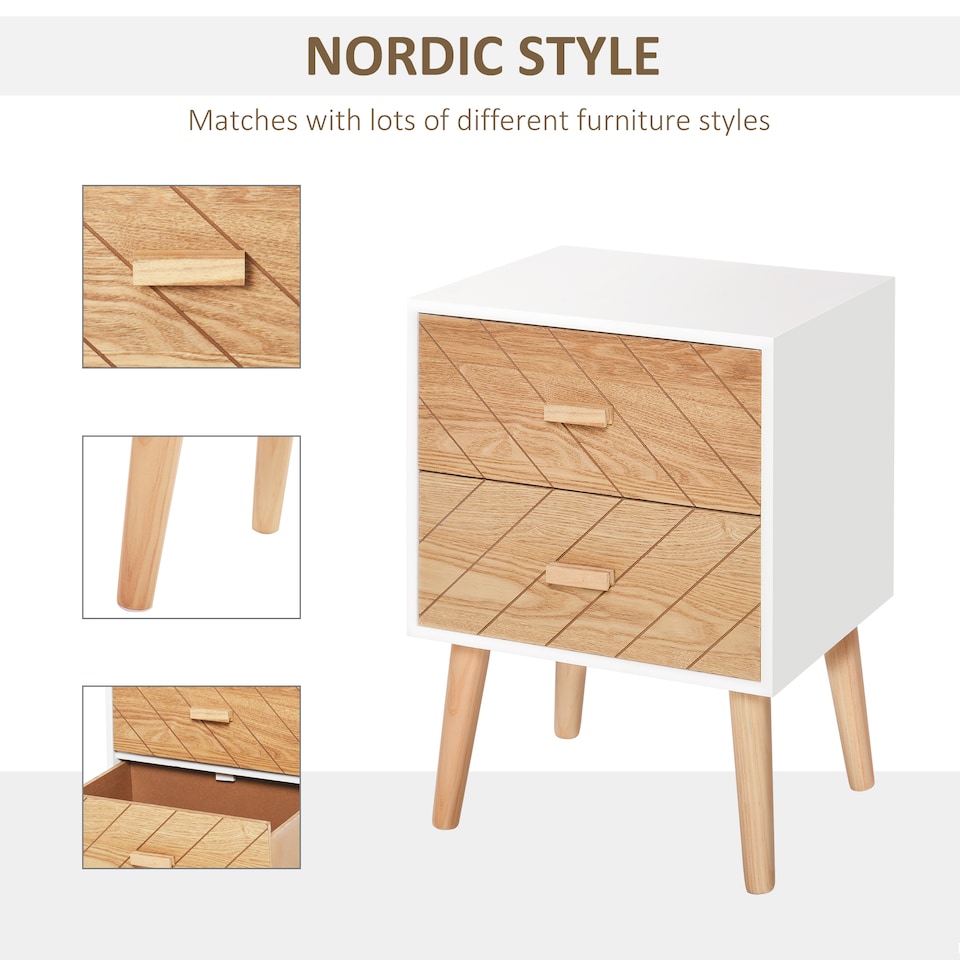 image 1 of HOMCOM 2 Drawers Bedside Table with Pine Legs, Bedroom Wooden Storage Cabinet, Natural