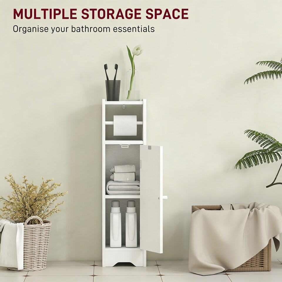 image 1 of HOMCOM Toilet Roll Holder Slim Bathroom Cabinet with Adjustable Shelf White