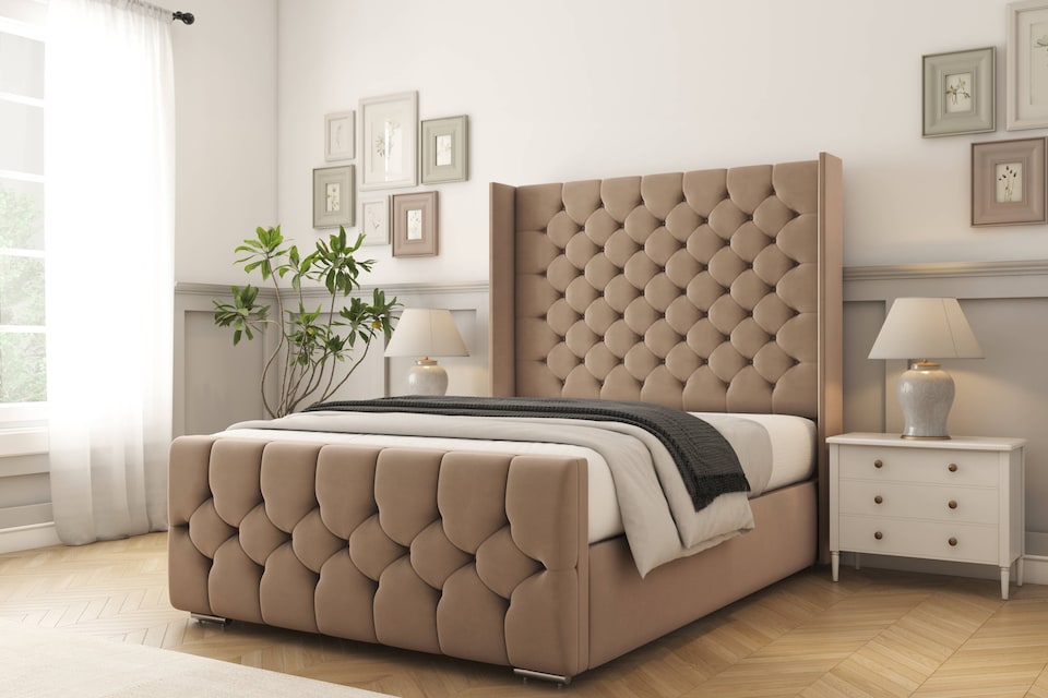 image 1 of Sloomy Luthor Mink Plush Bed Frame With Mattress With 50"  Upholstered Wingback Headboard 4'6 Double