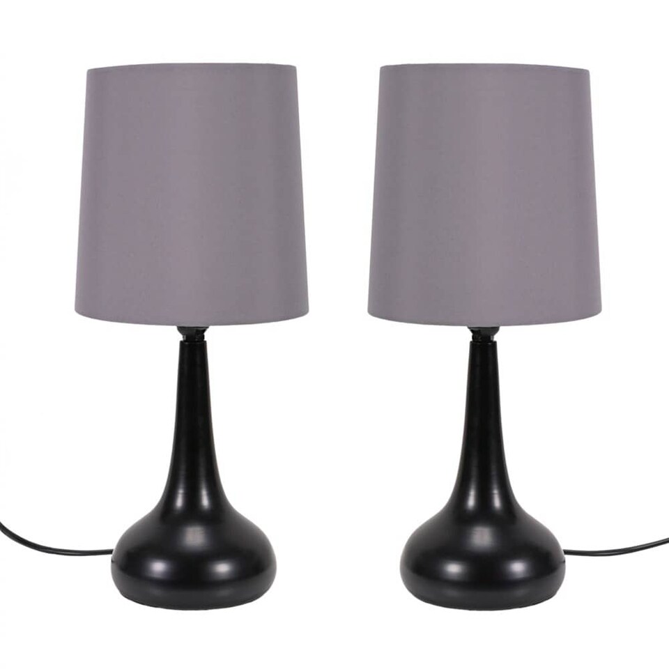 image 1 of ValueLights Teardrop Pair Black Touch Table Lamp Grey Shade & Bulb | Grey