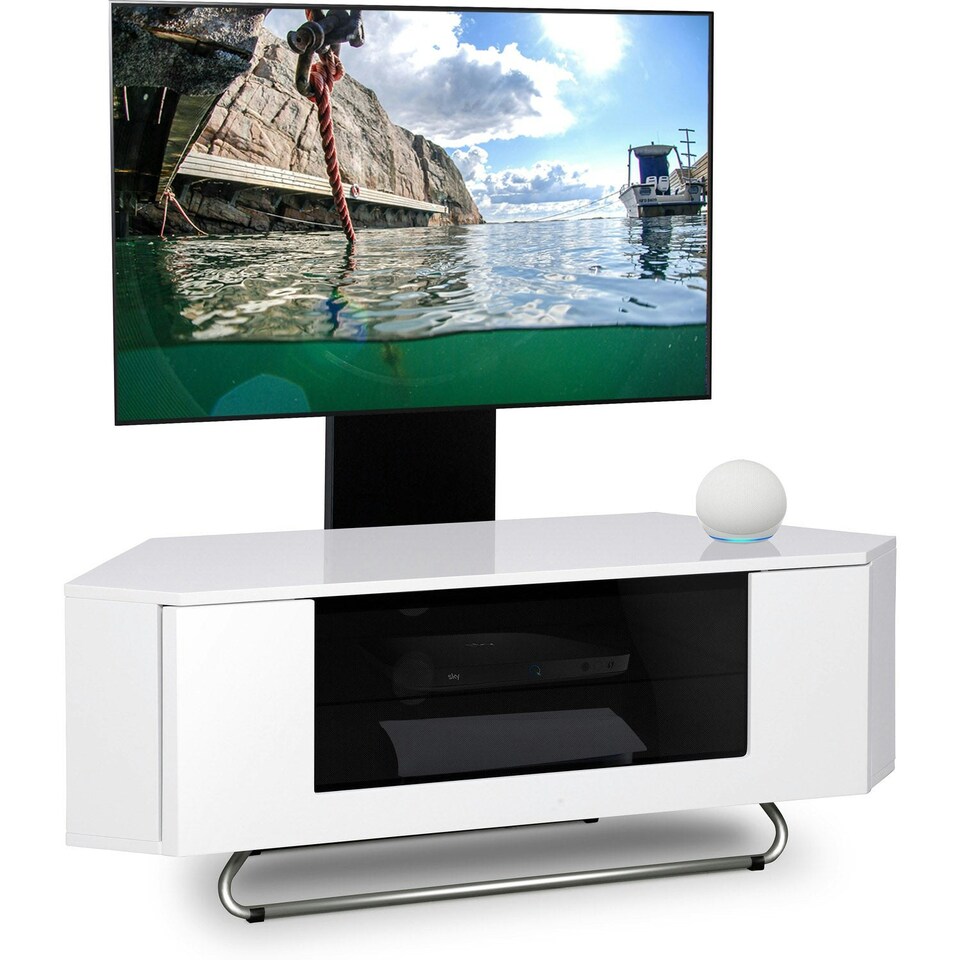 image 1 of Centurion Supports Hampshire Corner-Friendly Gloss White with Contrast Beam-Thru Remote Friendly Door 26"-50" Flat Screen TV Cabinet with Mounting Arm White