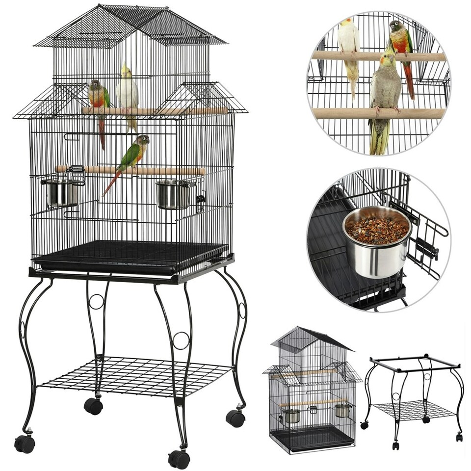 image 1 of Yaheetech 140 cm Tall Triple Roof Rolling Bird Cage with Detachable Stand Black