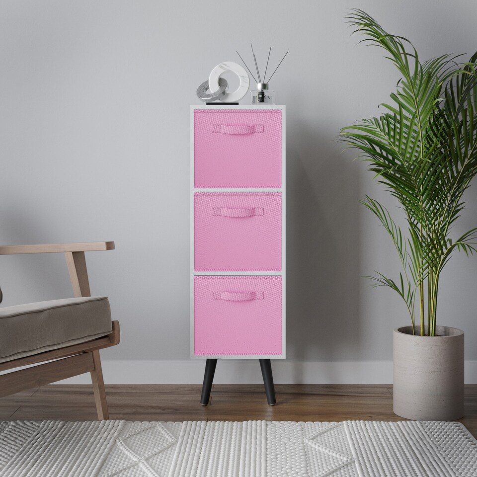 image 1 of White 3-Tier 3-Drawer Cube Shelving Unit with Scandinavian Legs | Pink | Light Pink & Black | 1
