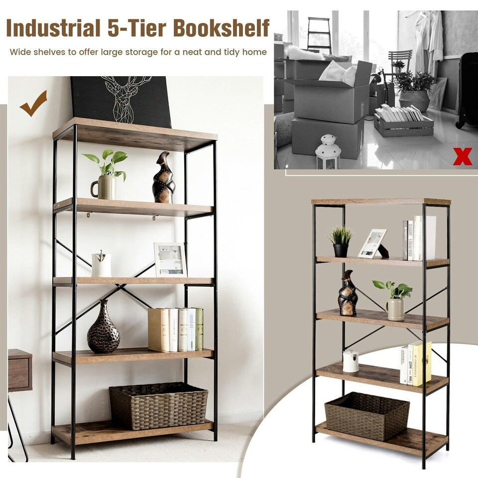 image 1 of COSTWAY 5-Tier Bookshelf Wood Bookcase Display Rack Brown Brown