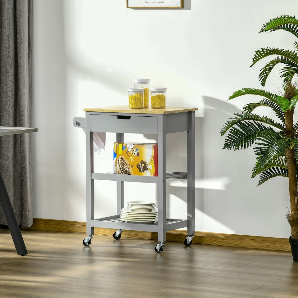 image 1 of HOMCOM Kitchen Trolley Utility Cart on Wheels with Rubberwood Worktop Towel Rack