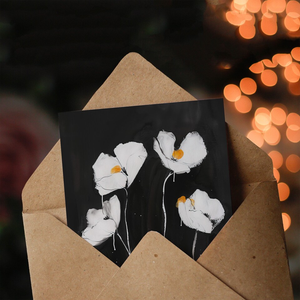 image 1 of Greeting Card White Poppy Flowers on Black Bold Painting Sympathy