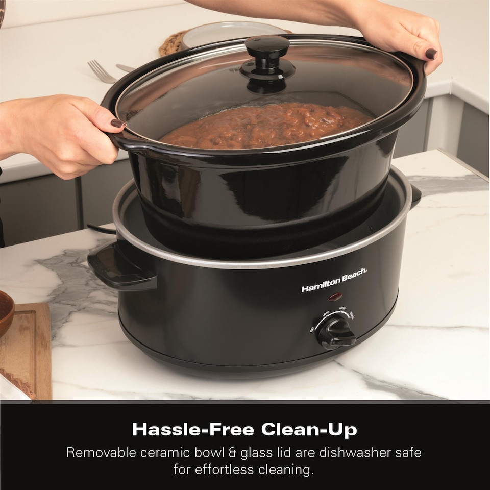 image 1 of Hamilton Beach Slow Cooker, 6.5 Litres, Family Favourite, 240W, Energy-Efficient, Removable Oven-Safe Ceramic Bowl, 3 Heat Settings, Serves 6-8 People, Easy Clean, Black - HBSC070B