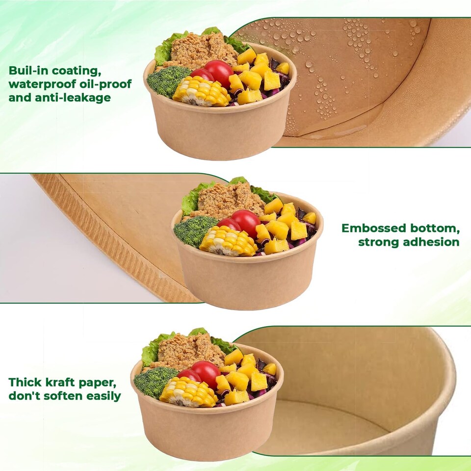 image 1 of ECONX 35oz 1000ml Salad Paper Bowls with Lids Disposable Takeaway Bowls Food Container 50pc