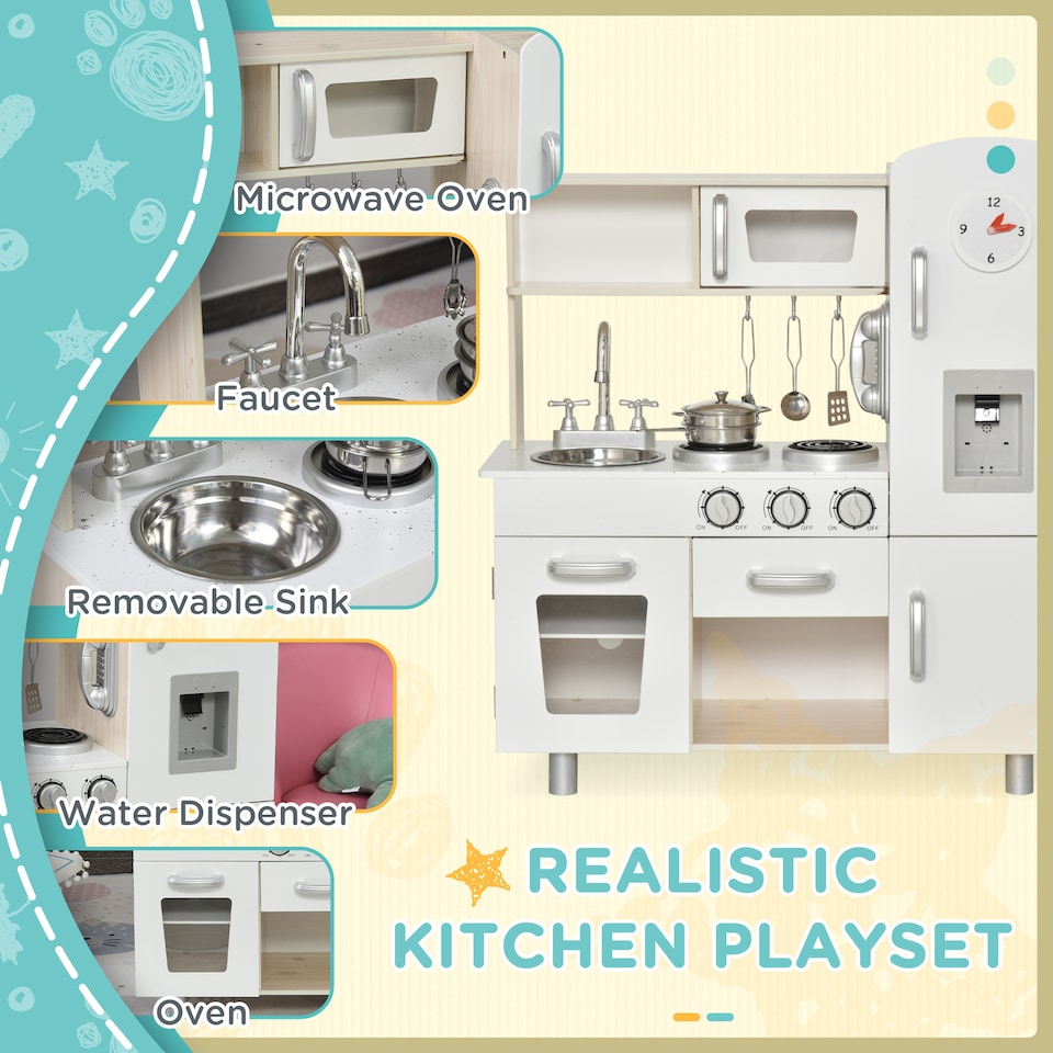 image 1 of HOMCOM Luxury Kitchen Playset with Accessories Pretend Cooking Set White