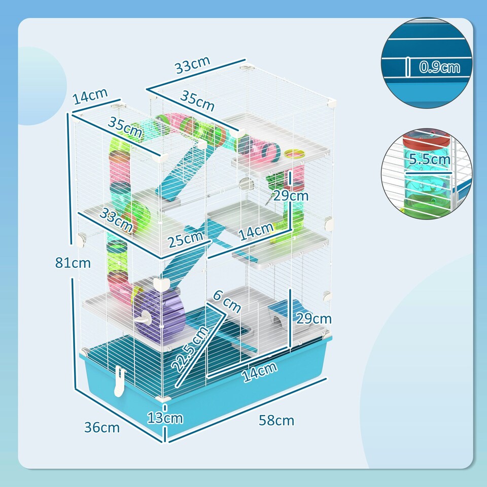 image 1 of PawHut 6 Tier Hamster Cage with Twin Tower and Accessories, Light Blue