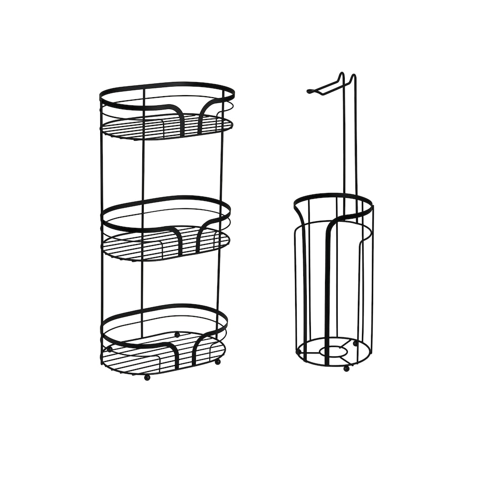 image 1 of Showerdrape Dante Black Freestanding Floor Caddy and Toilet Roll Holder | Black | Large