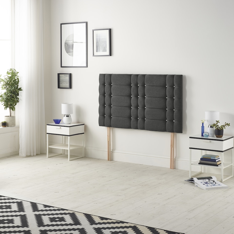 image 1 of Astoria Divan Bed Base with 2 Drawers & 30 Inch Diamante Headboard in Tweed Fabric | Grey | Charcoal | Small Double