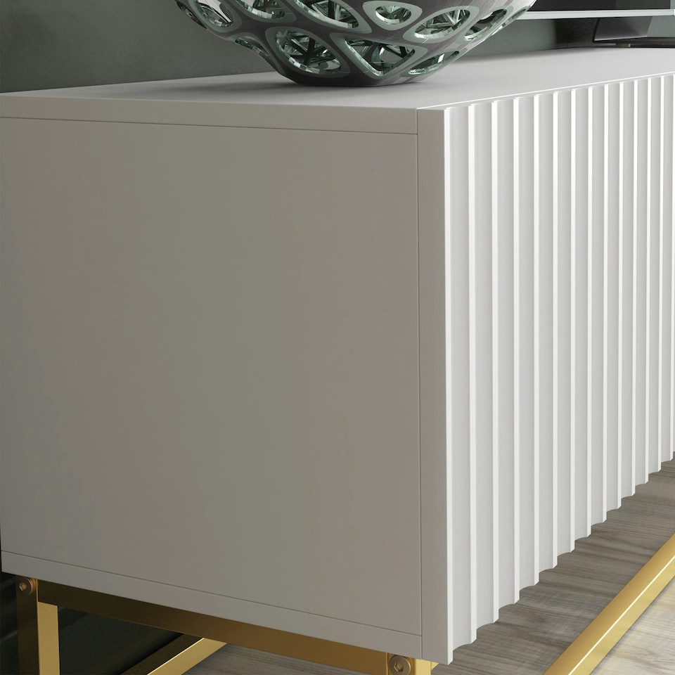 image 1 of Modular TV Unit 200cm White Matt with Fluted Fronts and Gold Base White