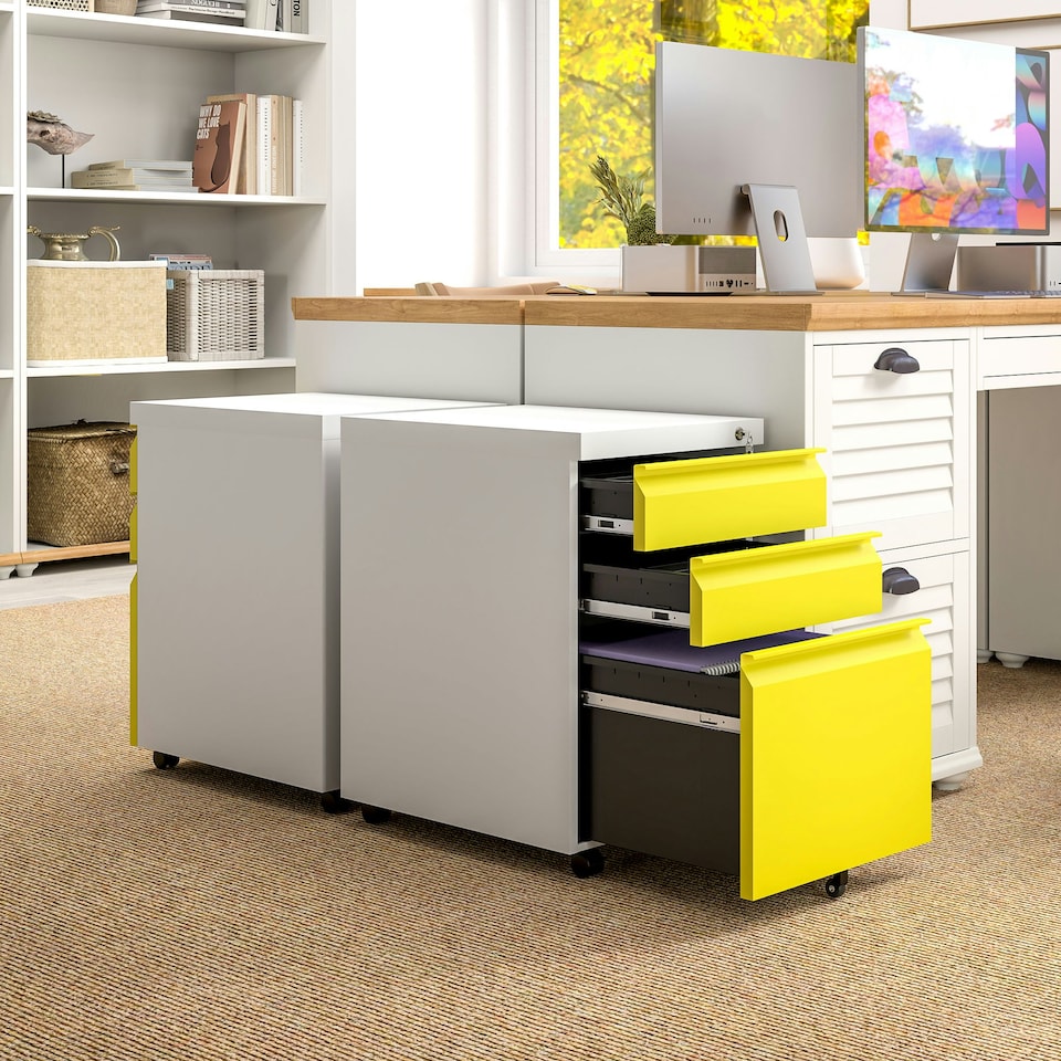 image 1 of Vinsetto 3 Drawer File Cabinet, Lockable Metal Filling Cabinet, Yellow