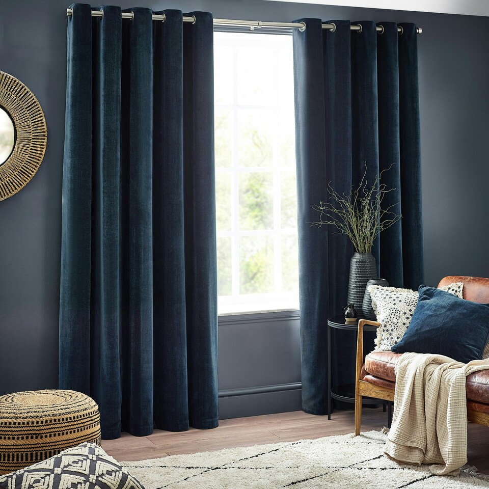 image 1 of Yard Heavy Chenille Velvet Navy Eyelet Curtains 168 x 137cm