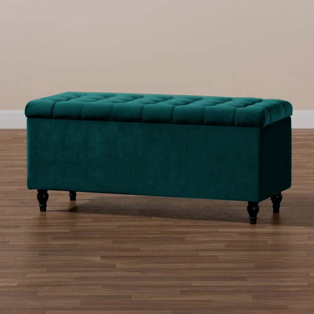 150cm Cubed Ottoman Storage Box,Emerald Green Velvet Upholstered Chesterfield Storage Ottoman Box with Wooden Legs
