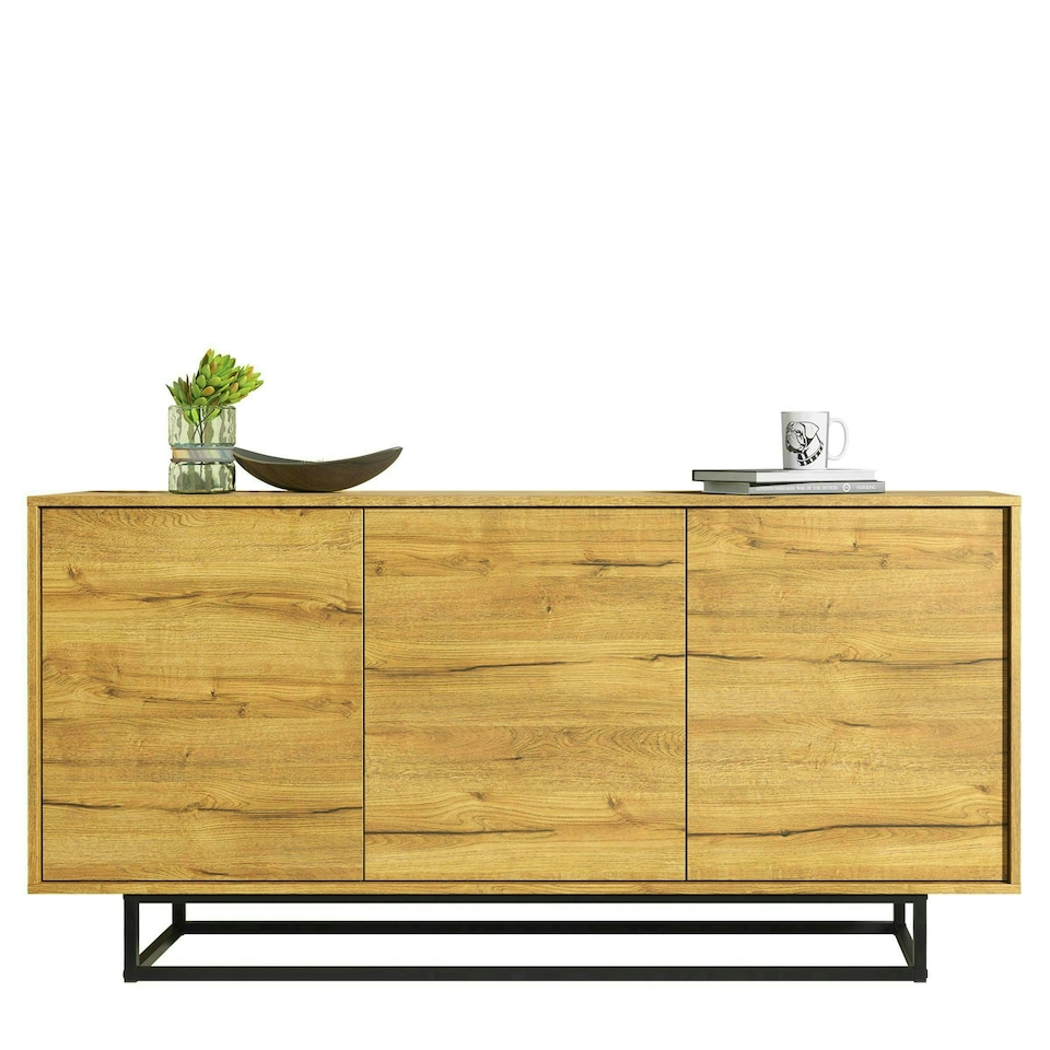 image 1 of Sideboard 140cm Oak Finish with Matching Fronts and Black Frame Multi