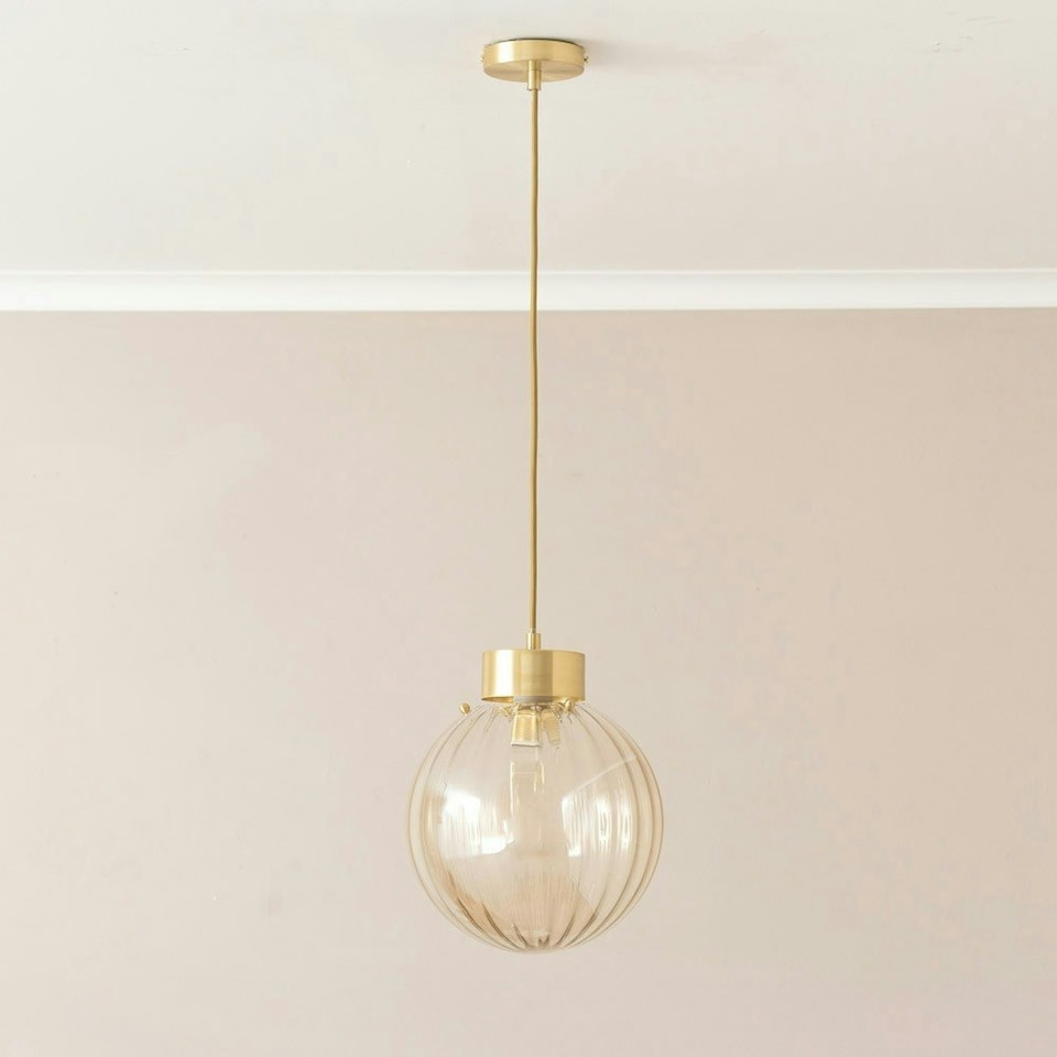 image 1 of ValueLights Chessy Ribbed Glass Globe Brushed Gold Capped Ceiling Pendant Light Gold