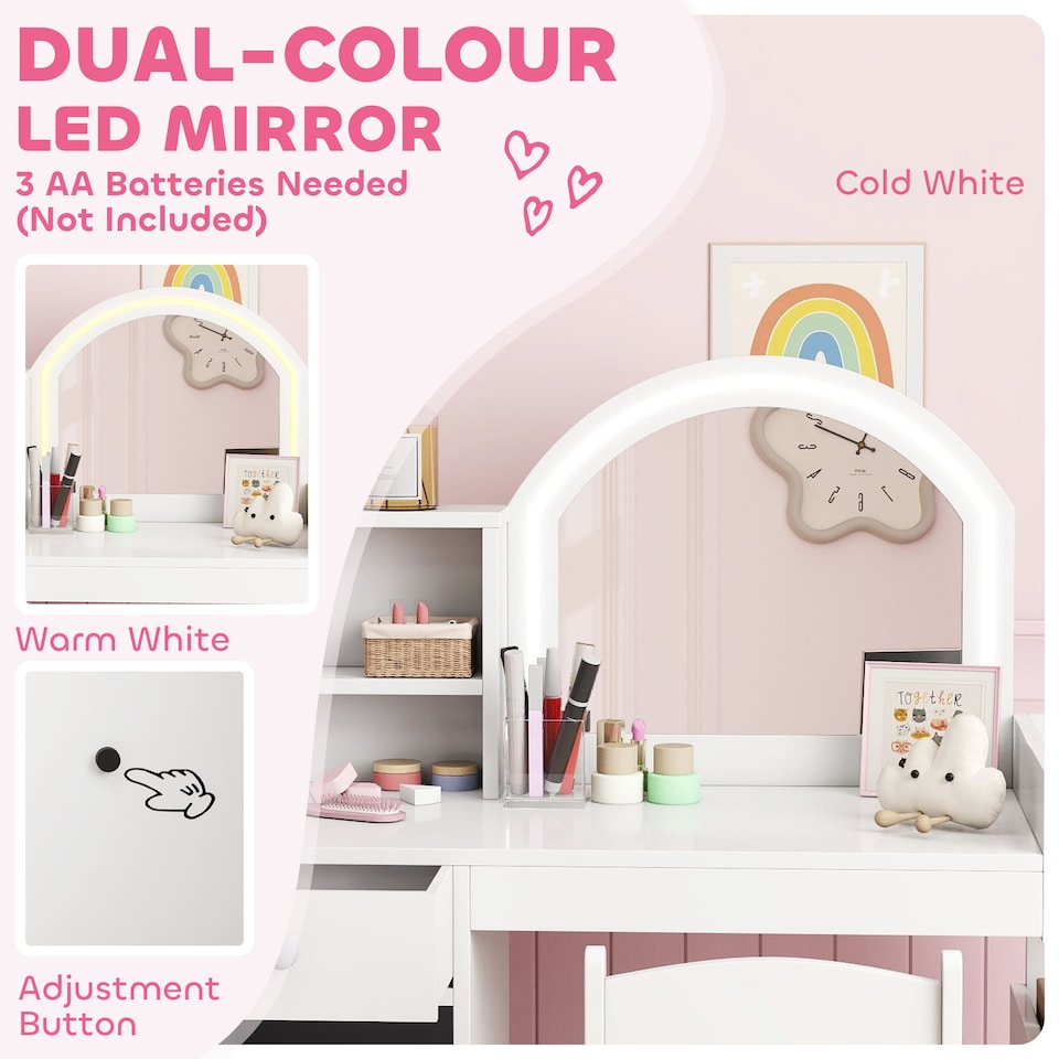 image 1 of AIYAPLAY Girls Dressing Table with 2-Colour LED Mirror and Stool, White