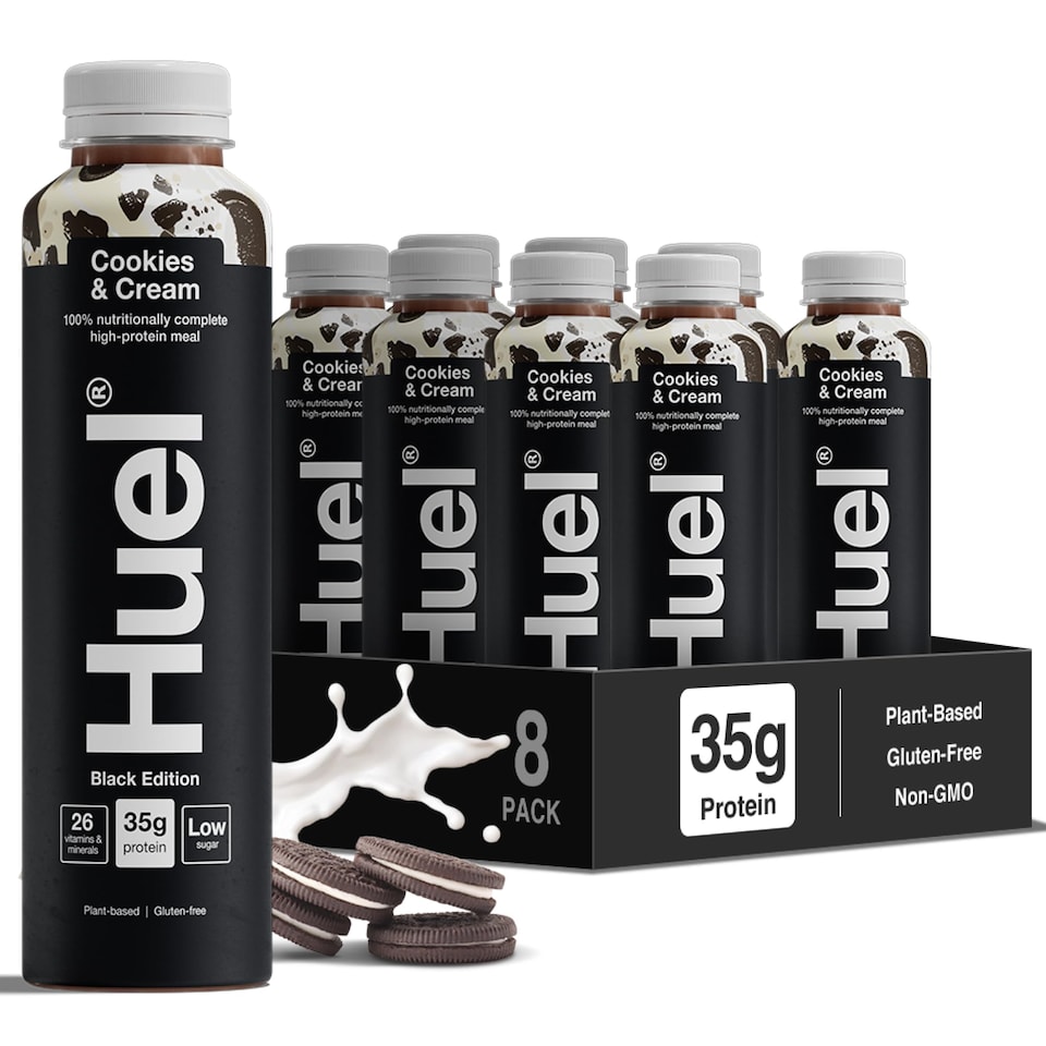 image 1 of Huel Ready-to-Drink Meal, BLACK EDITION Cookies & Cream Protein Drink, 500ml Bottles (Pack of 8) - Protein Shakes, Pre-Portioned Meal, 35g of Protein per Bottle