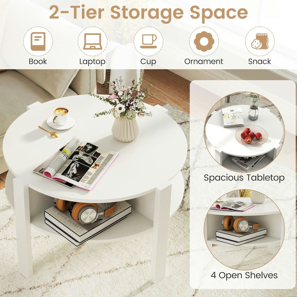 image 1 of COSTWAY 2-Tier Round Coffee Table Tea Cocktail Table White White