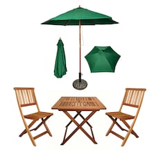 Outdoor 2 Person Folding Square Wooden Garden Patio Dining Table Chairs Parasol and Base Set