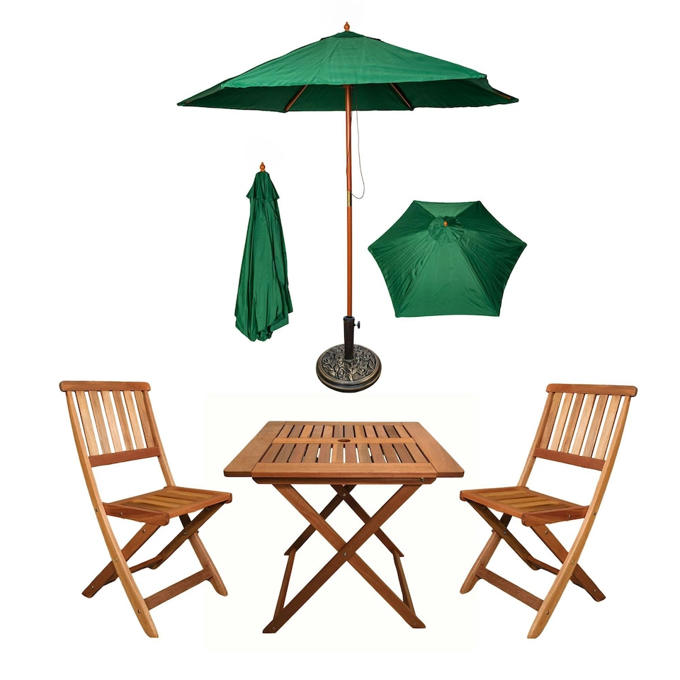 image 1 of Outdoor 2 Person Folding Square Wooden Garden Patio Dining Table Chairs Parasol and Base Set