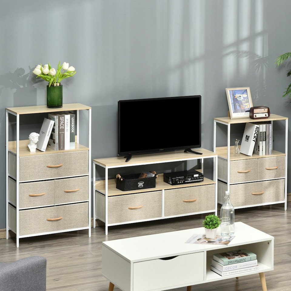 image 1 of HOMCOM TV Cabinet, TV Console Unit with 2 Foldable Linen Drawers Maple Colour