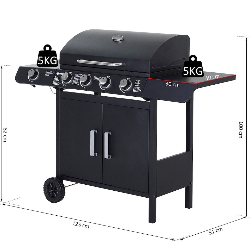image 1 of Outsunny Gas BBQ Grill 4 + 1 Stainless Steel Burner Garden Barbecue Cooker