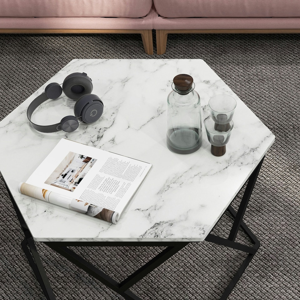 image 1 of HOMCOM Coffee Table Cocktail Table with High Gloss Marble Top Steel Frame White White