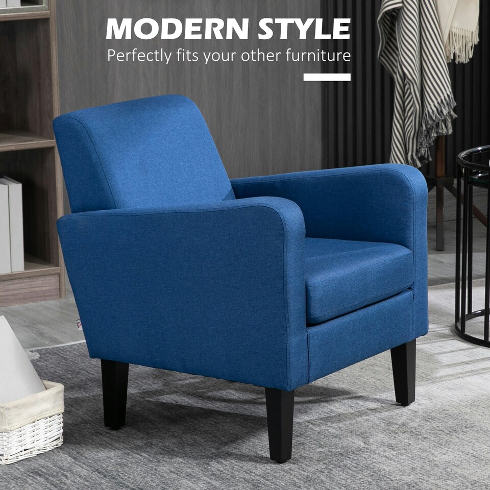 image 1 of HOMCOM Modern Armchair Accent Chair with Rubber Wood Legs for Bedroom Blue