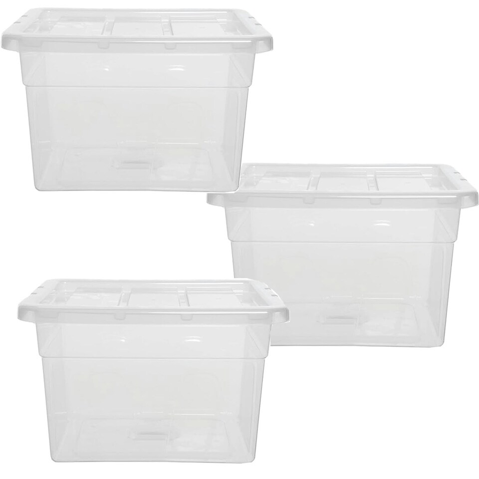 image 1 of 2 x Clear Plastic Stackable Transparent Storage Boxes 22 Litre Complete With Lids Clear