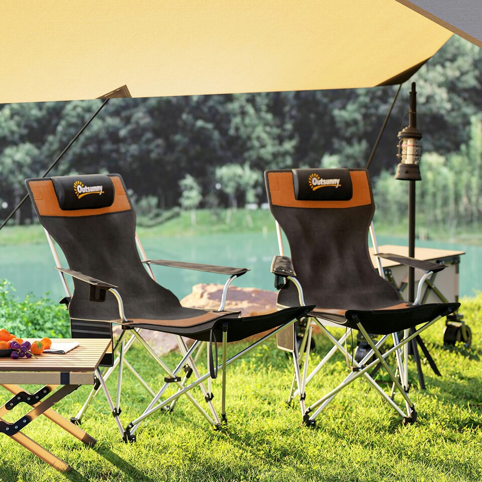 image 1 of Outsunny Set of 2 Reclining Camping Chairs Orange | Orange and Black