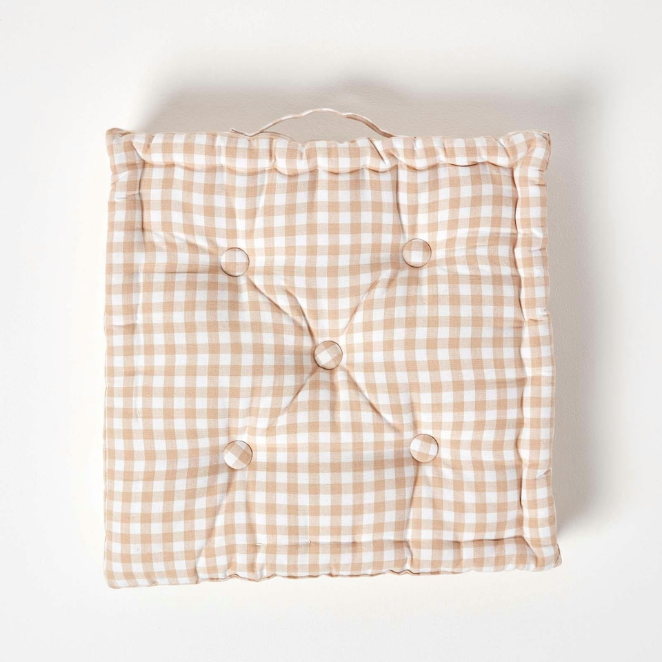 image 1 of Homescapes Cotton Gingham Check Beige Floor Cushion - 40 x 40 cm | Cream | Beige | 40 x 40 cm