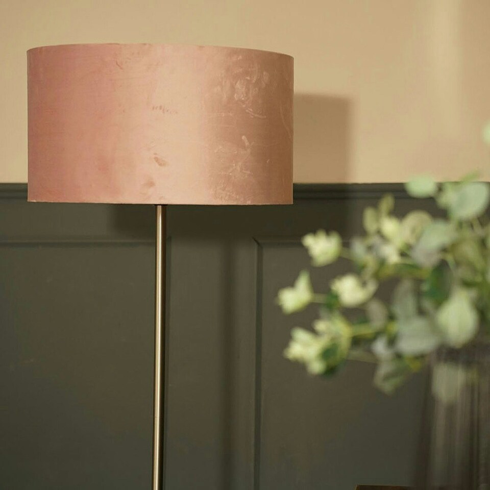 image 1 of ValueLights Large Brushed Chrome Curved Stem Marble Floor Lamp Coffee Table Standing Light - Blush Pink Velvet Shade + LED Bulb