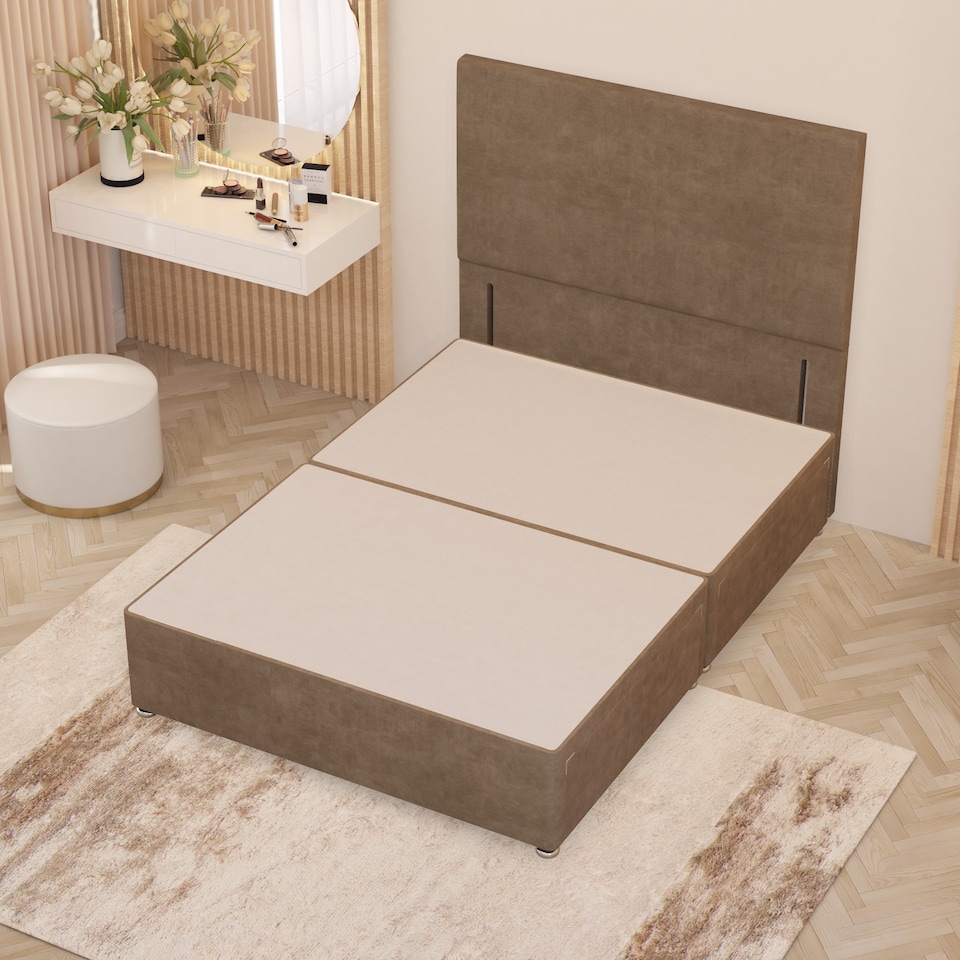 image 1 of Divan Bed Base with 2 Drawers & Plain Floor Standing Headboard Plush Velvet | Brown | Beige