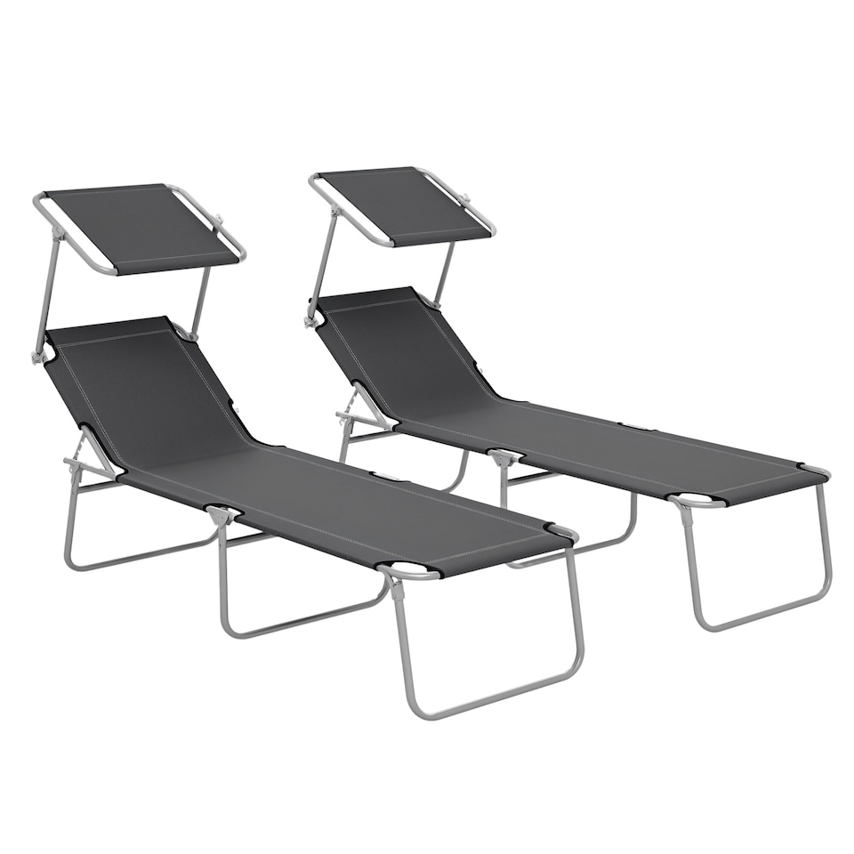 image 1 of Outsunny Folding Sun Lounger Set of 2 w/ Sunshade Adjustable Backrest Grey