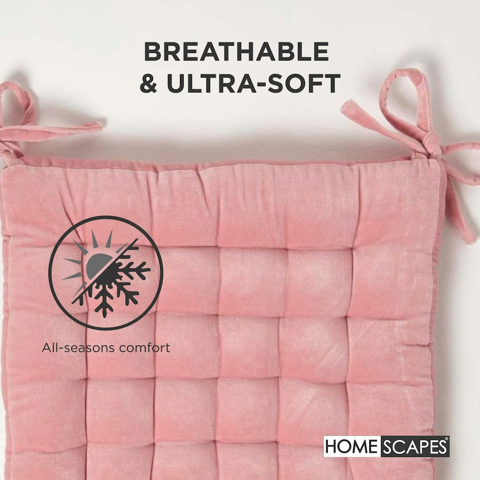 image 1 of Homescapes Set of 4 Seat Pad Cushion Luxury Cotton Velvet Indoor Outdoor Garden, 40 x 40cm Pink