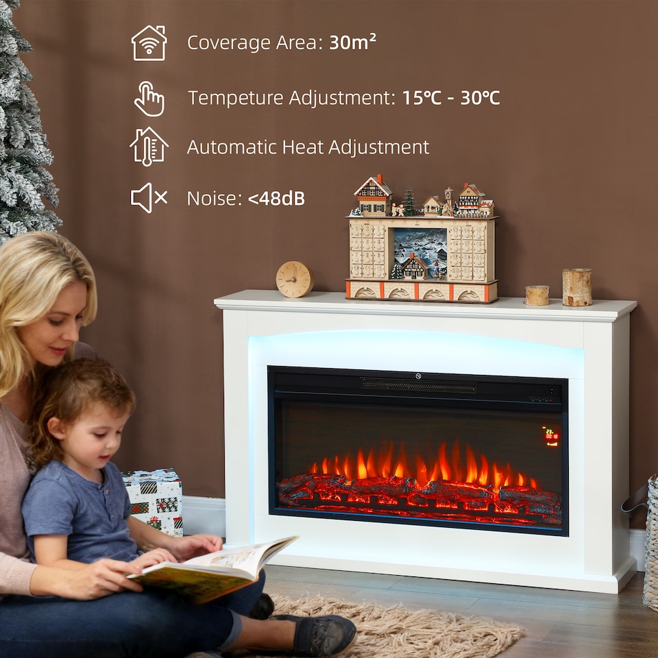 image 1 of HOMCOM 48"/121 cm Electric Fireplace with Realistic Flame Effect & 5 Brightness Levels, 1000W/2000W Inset Electric Fire and Mantel Reach up to 30 m² Space with Remote & Timer for Living Room, White